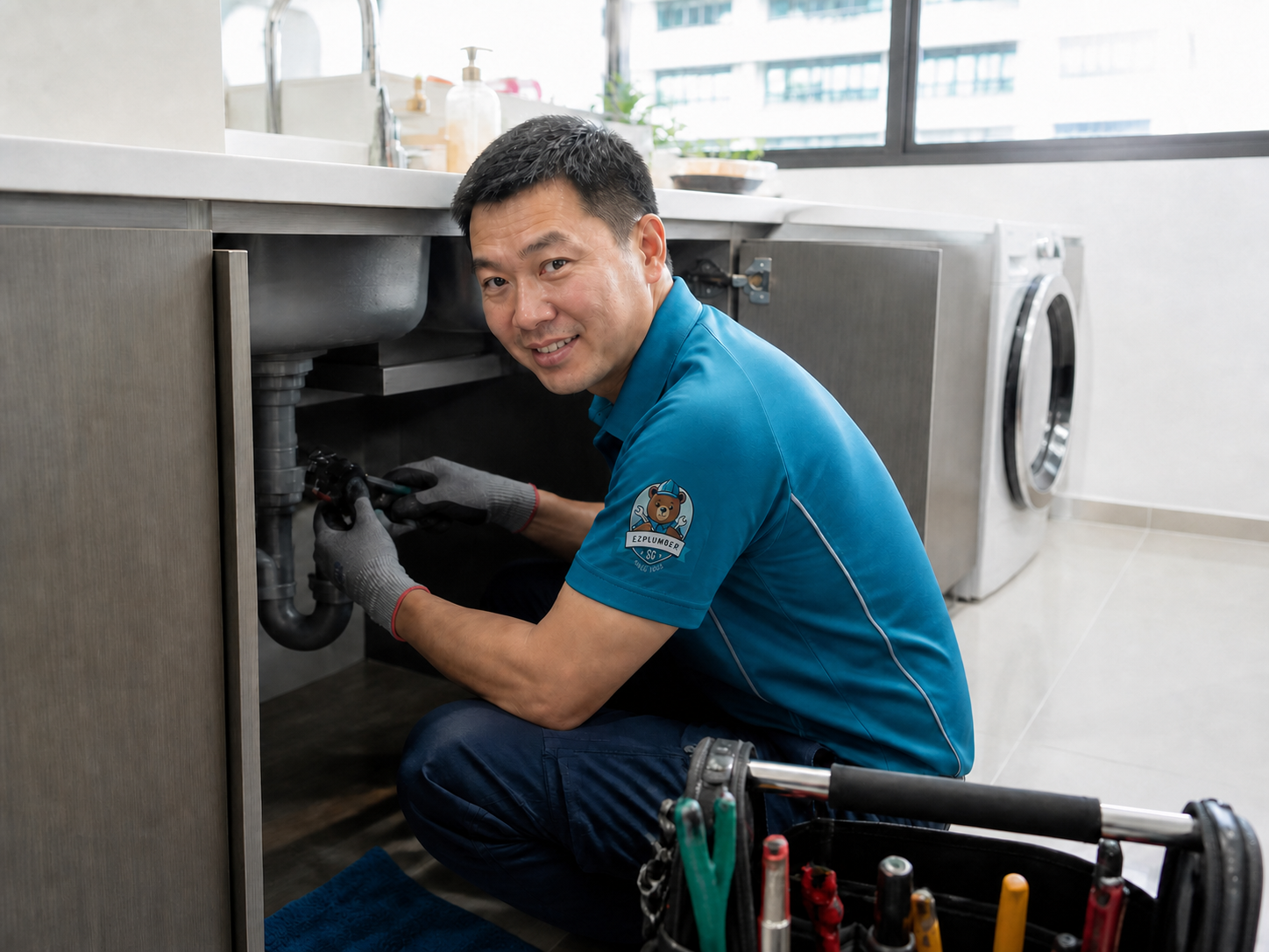 EZ Plumber technician repairing pipework under a kitchen sink in Singapore