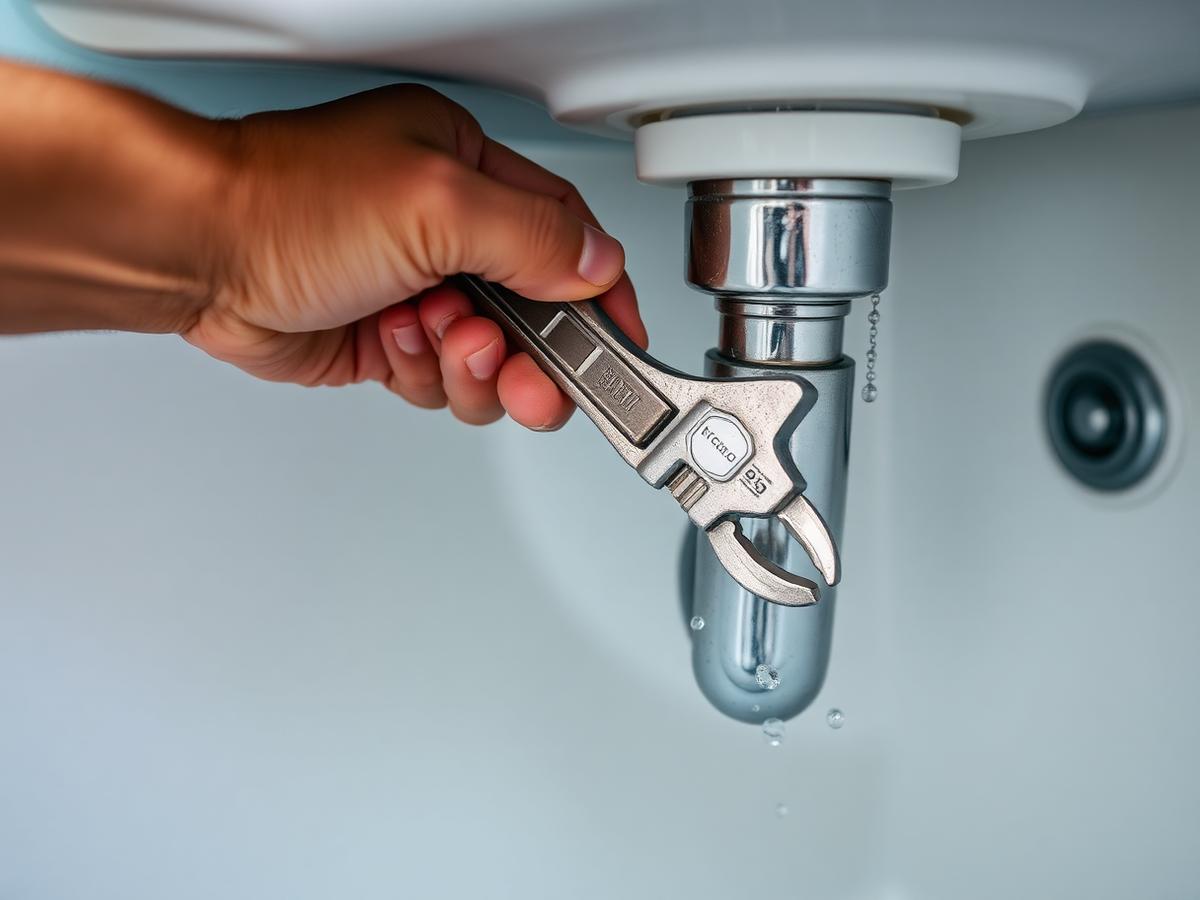 Plumber tightening a chrome basin waste pipe with a wrench
